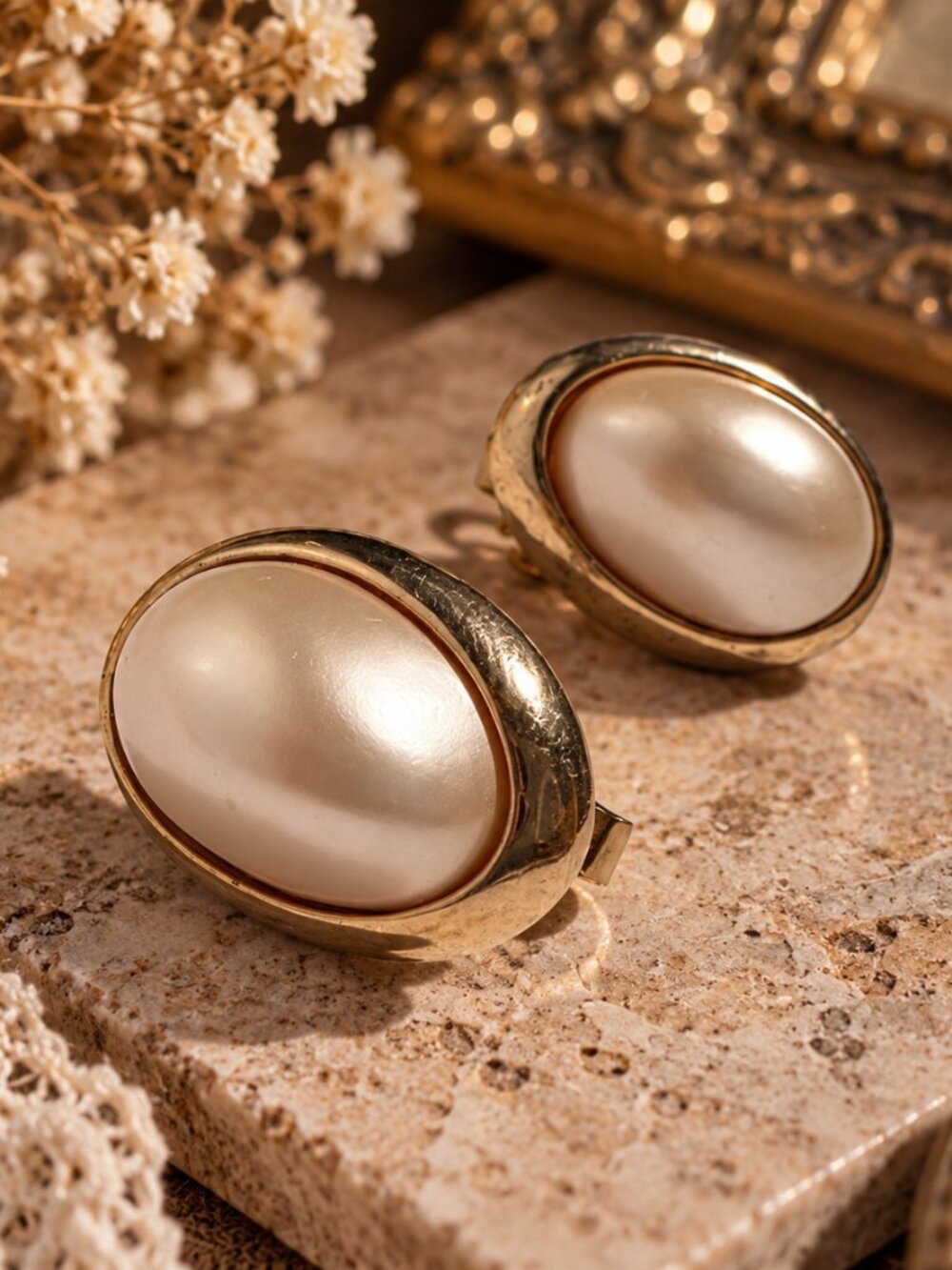 Vintage TRIFARI Gold Tone Faux Pearl Oval Clip-On Earrings